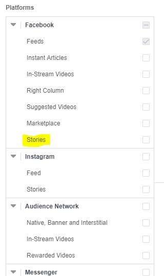 Zu sehen ist das Menü zum Auswählen von Stories als Placement für Facebook Ads