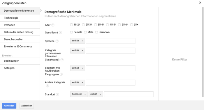 Interface für die Erstellung der Remarketing-Zielgruppen