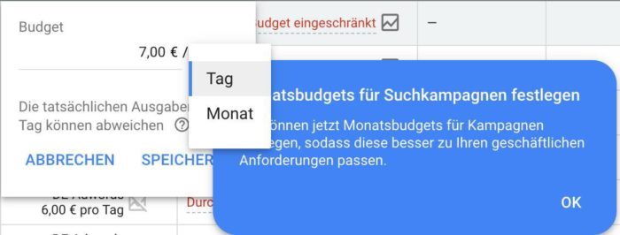 Monatsbudgets für Suchkampagnen in Google Ads