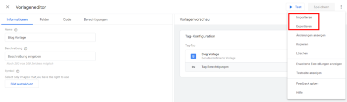 Zu sehen ist, wie die Vorlage im Google Tag Manager ex- und importiert werden kann