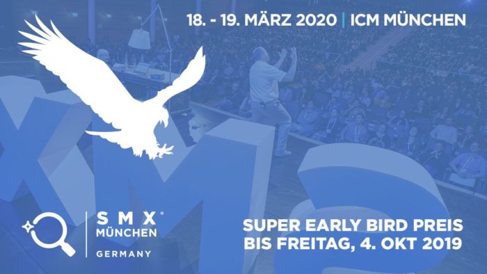 Zu sehen ist ein Werbebanner für die SMX München mit einem Vogel darauf, das auf das Ende des Early Bird Ticketpreises am 4.10.2019 hinweist