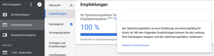 Zu sehen ist ein Screenshot aus Google Ads, der den Optimierungsfaktor visualisiert