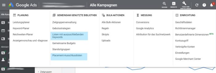 Keyword- und Placement Ausschlusslisten in Google Ads