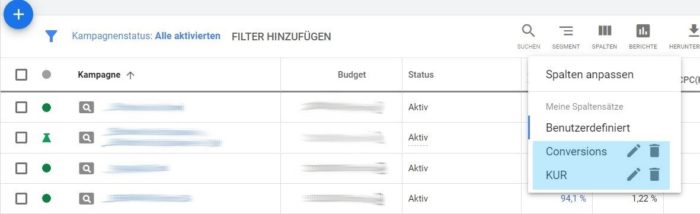 Zu sehen ist ein Screenshot der benutzerdefinierte Spalten in Google Ads