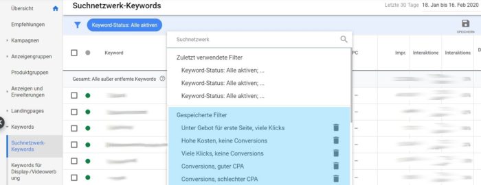 Zu sehen ist ein Screenshot der Filterkombinationen in Google Ads