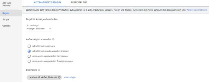 Zu sehen ist ein Screenshot wie man Regeln in Google Ads erstellen kann