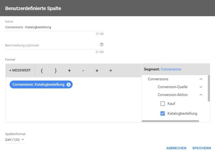 Screenshot aus Google Ads zeigt die Definition des Messwertes nach Conversionaktionen