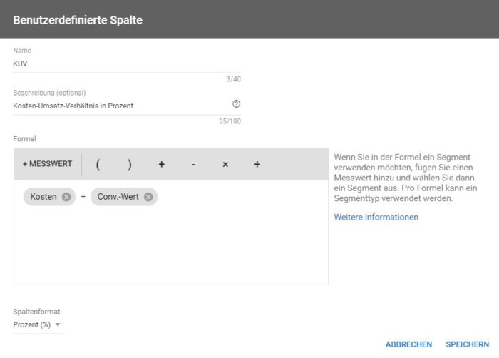 Screenshot zur Anzeige des Kosten-Umsatz-Verhältnisses in Google Ads