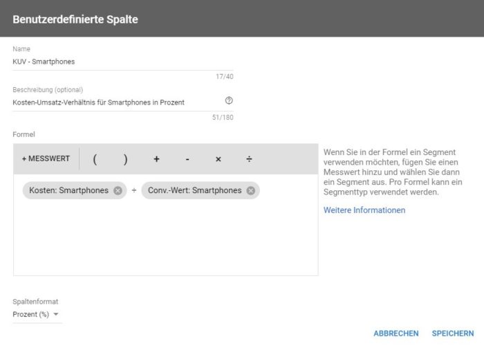 Screenshot aus Google Ads: Berechnung des KUVs