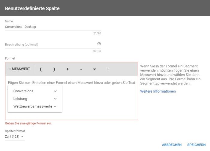 Screenshot des Google Ads Tools. Für benutzerdefinierte Spalten werden die Messwerte definiert.