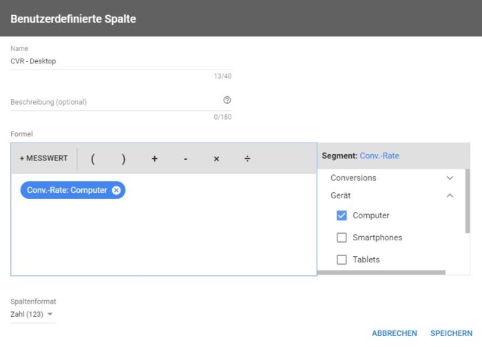 Screenshot zeigt die Einstellung des Messwertes "Conversion-Rate: Computer" in Google Ads