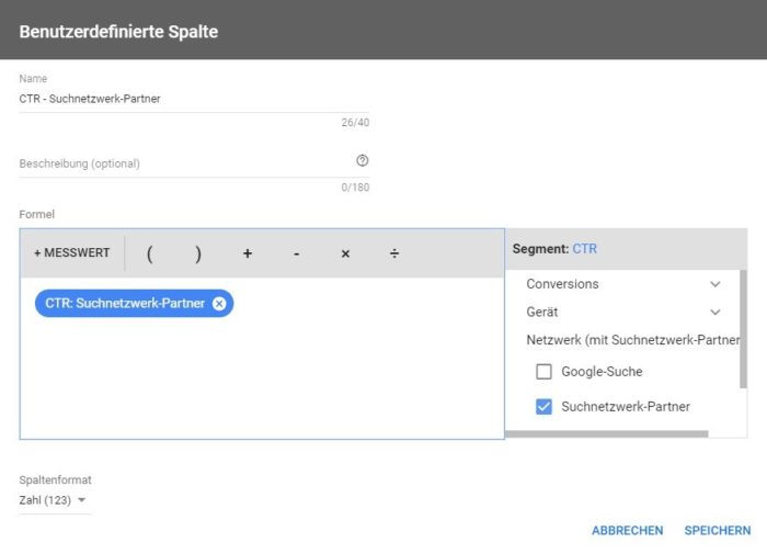 Screenshot aus Google Ads zeigt die Definition des Messwwertes nach Werbenetzwerken
