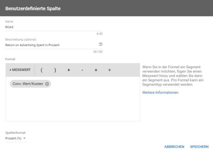 Screenshot aus Google Ads: ROAS Ausgabe