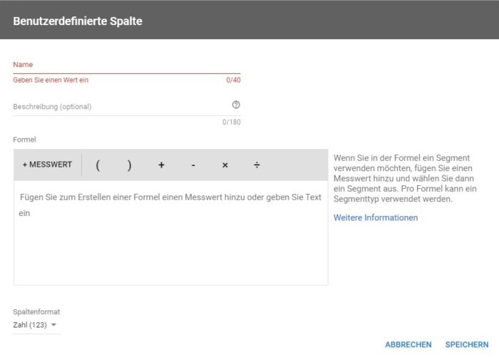 Screenshot des Google Ads Tools. Für benutzerdefinierte Spalten werden die Messwerte definiert.