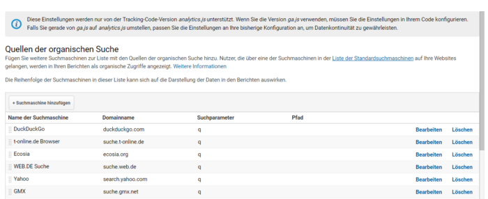 Zeigt ein Einstellungsfenster des Google Tag Managers, in dem die Quellen der organischen Suche definiert werden können.