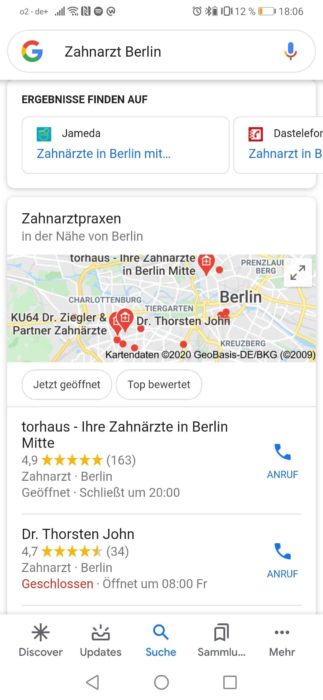 Ein Screenshot, der die lokalen Suchergebnisse auf Google Maps zeigt.