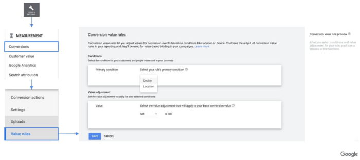 Screenshot der Conversion Value Rules in Google Ads