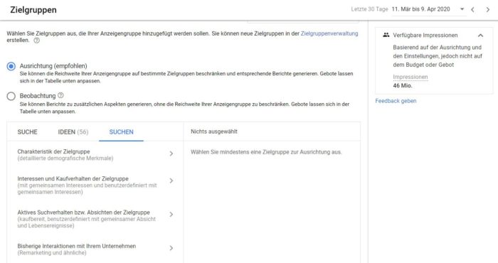 Ansicht des Zielgruppen Targetings im Google Ads Editor