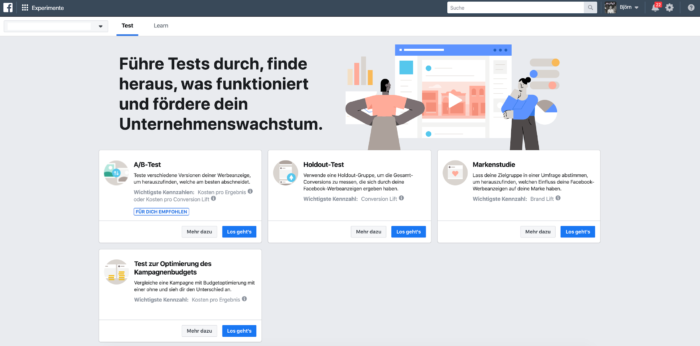 Screenshot der Benutzeroberfläche bei Facebook Experimente ehemals Test and Learn
