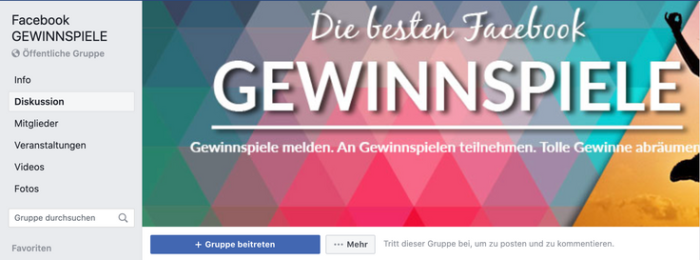 Screenshot einer Facebook Gruppe für Gewinnspiele