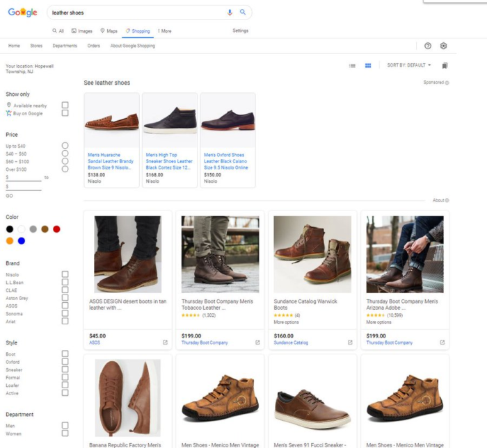 Screenshot der Ergebnisse bei Google Shopping