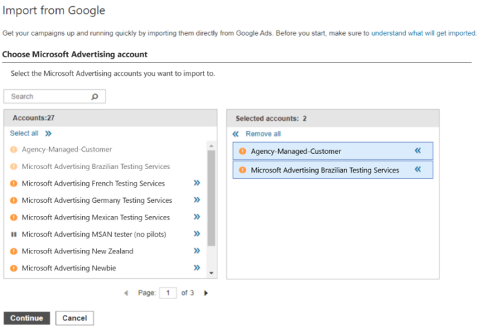 Screenshot des Import-Managers von Microsoft Ads