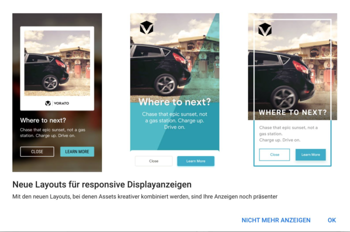 Screenshot aus Google Ads zeigt neues RDA Anzeigen Layout