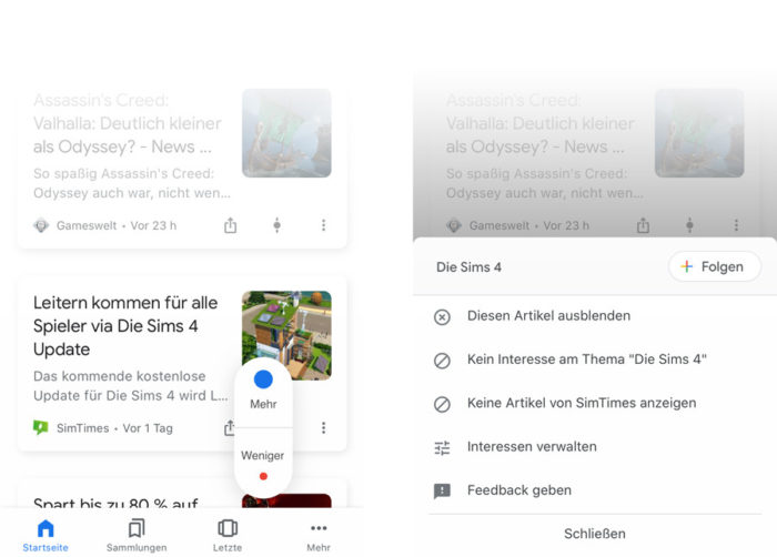 Screenshot: Einstellungsmöglichkeiten für Google Discover Vorschläge