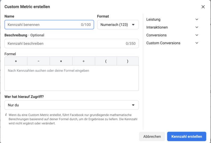 Custon Metrics im Facebook Werbeanzeigenmanager
