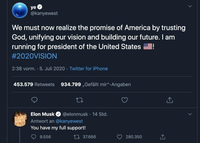 Kanye West kandidiert über Twitter in der US-Präsidentschaftswahl