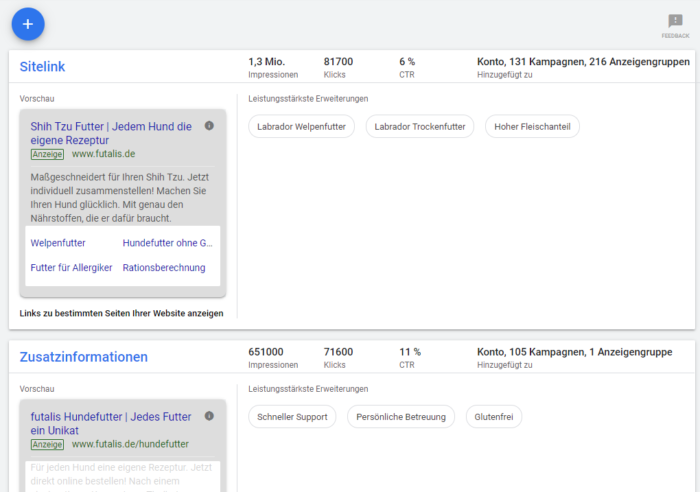 Screenshot der neuen Ansicht der Anzeigenerweiterungen im Google Ads Interface