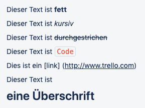 Screenshot der Schriftformate in Trello