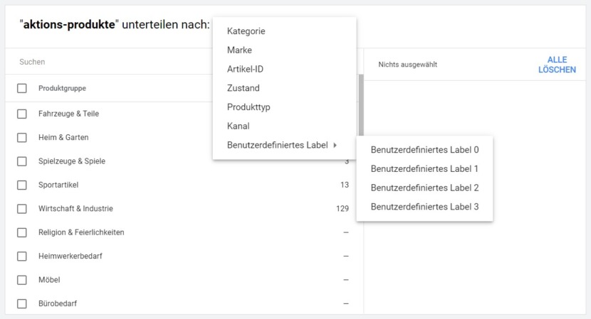 Screenshot wie man in Google Shopping einen Inventarfilter einstellt