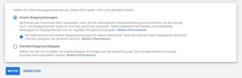 Screenshot wie man eine smarte Shopping-Kampagne in Google Ads erstellt