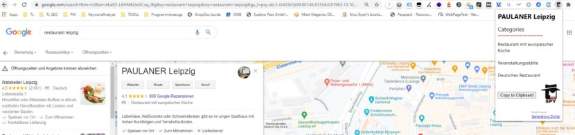 Screenshot für den Einsatz der Chrome Extension GMBspy für den Suchbegriff „restaurant leipzig“