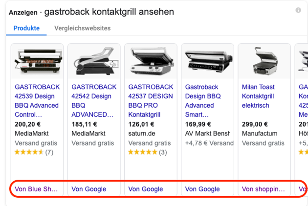 Abbildung 1: Shopping-Snippet auf SERP für Gastroback mit Kennzeichnung der CSS-PartnerInnen