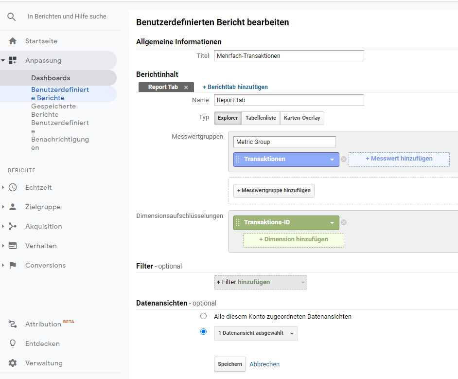 Screenshot wie in Google Analytics benutzerdefinierte Berichte erstellt werden können