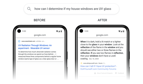 Screenshot der Google Suchergebnisse vor und nach dem Update