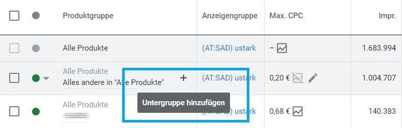 Screenshot Produktuntergruppen