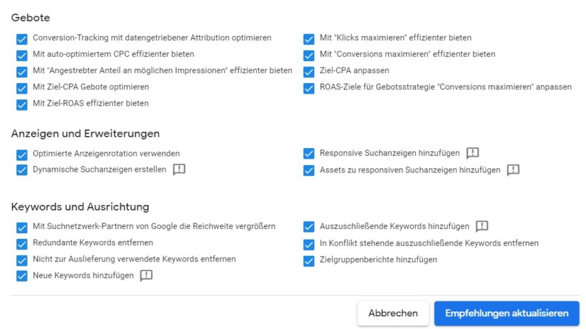 Screenshot AAR Control Center Einstellung, welche Empfehlungen im Google-Ads-Konto automatisch umgesetzt werden