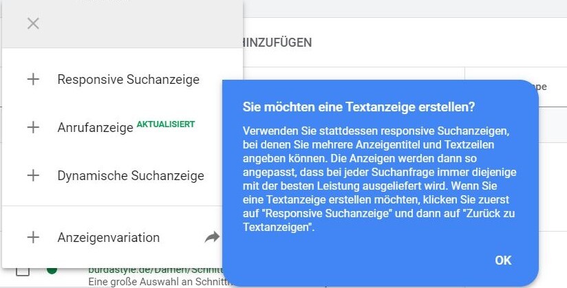 Screenshot versteckte ETAs in Google Ads
