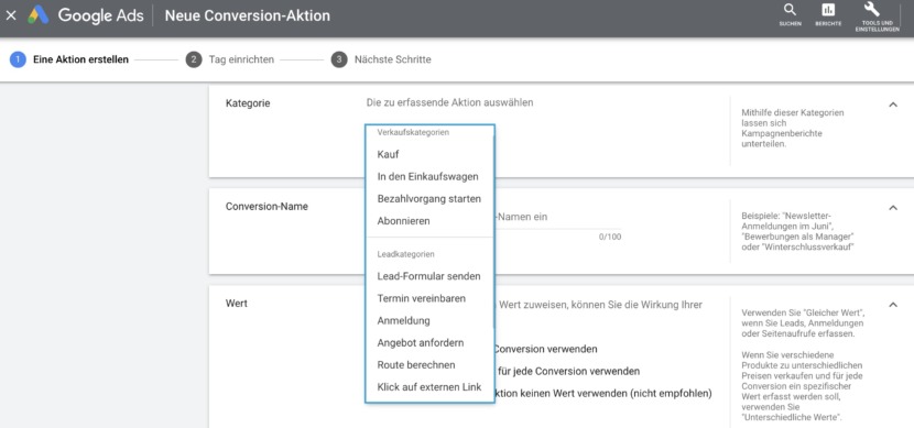 Screenshot In Google Ads können für verschiedenen Phasen der Customer Journey nun unterschiedliche Micro-Conversions definiert werden.
