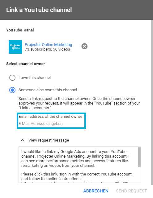 Screenshot, wie man einen YouTube-Kanal als Nicht-Besitzer verlinkt