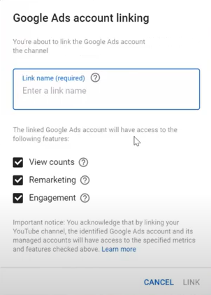 Screenshot der Zugriffsrechte von Google Ads beim Verlinken des YouTube-Kanals