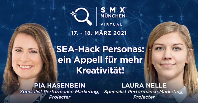 Grafik der SMX München zum Vortragsthema "SEA-Hack Personas: ein Appell für mehr Kreativität!" Abgebildet sind Pia Hasenbein und Laura Nelle von der Projecter GmbH