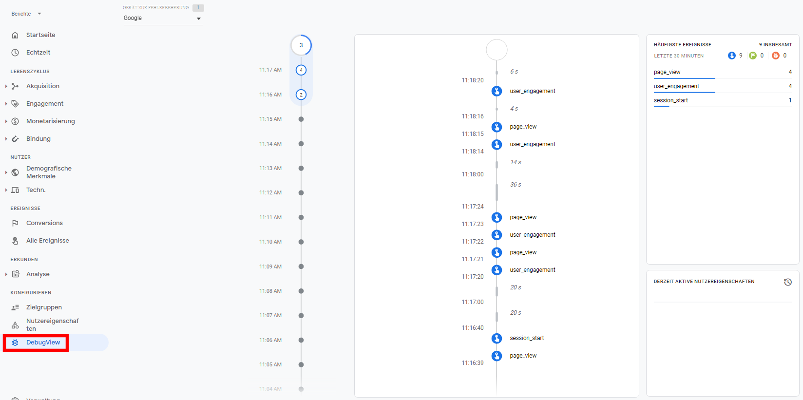 Debug-Ansicht im Google Analytics 4