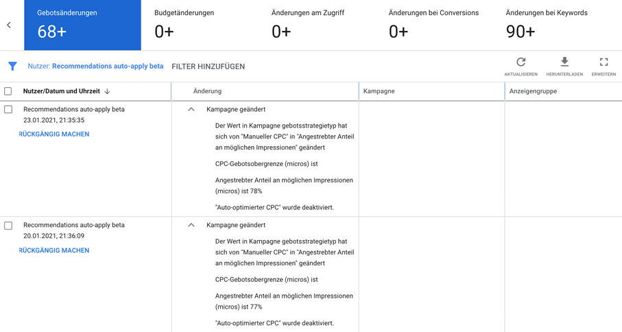 Screenshot Google Ads Änderungen von Geboten & Gebotsstrategien