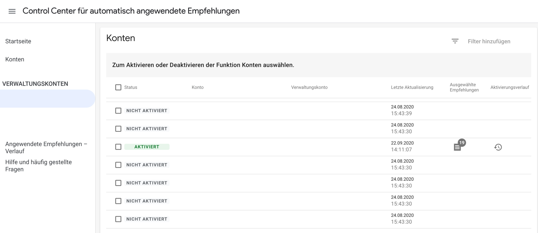 Screenshot Google Ads Control Center für automatisch angewendete Empfehlungen