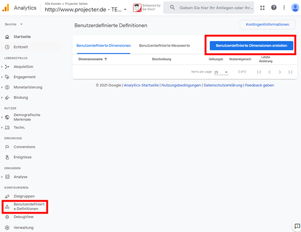 Abb.11 Benutzerdefinierte Dimensionen in Google Analytics 4