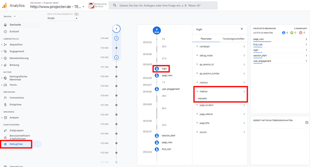 Abb.7 DebugView in Google Analytics 4